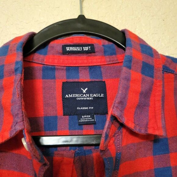 American Eagle Mens Shirt Red S  Button Up Super Soft Plaid Flannel - Picture 4 of 7
